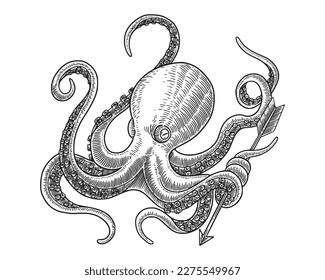 octopus with engraving drawing style. Vector vintage illustration