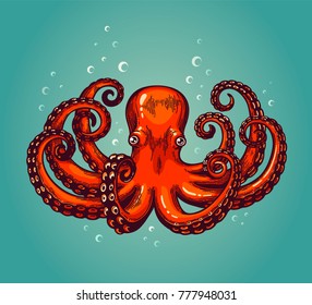 Octopus engraving. Vintage color engraving color illustration. Retro style card. Red octopus on blue background. Vector illustration