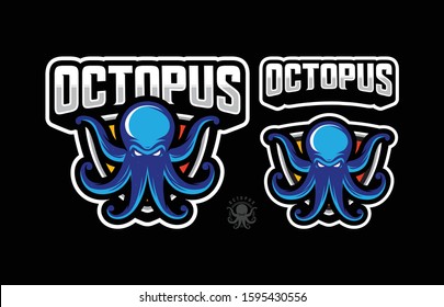 Octopus esport mascot logo badge design illustration. Squid, Kraken, Modern octopus, esports logo concept and Wild animal vector illustration