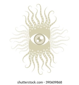  Octopus eye with tentacles - concept logo. Vector illustration.