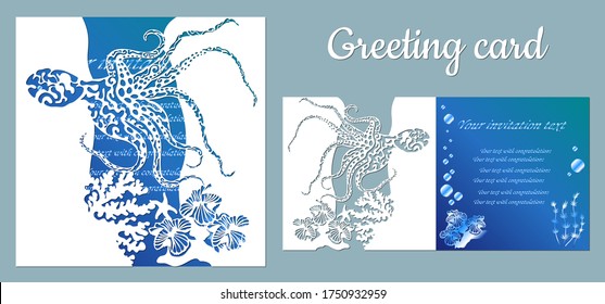 Octopus. Fauna with marine animals. Template for making a postcard. Vector image for laser cutting, plotter printing and scrapbooking.