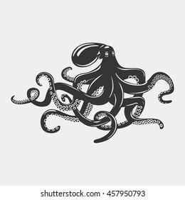 Octopus with feeding tentacles and wavy arms with suction cups on it. Camouflaging cuttlefish and swimming mollusk, underwater cephalopod and monster squid. Tattoo and mascot theme