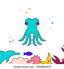 Octopus filled line vector icon, simple illustration, sea world, marine life related bottom border.