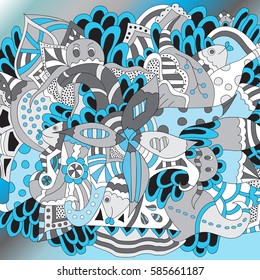 Octopus and fish. Abstract, marine pattern. Illustration of blue, gray, black colors. Freehand sketch. Clear outline.