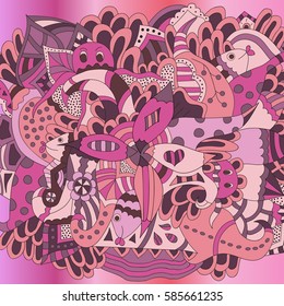 Octopus and fish. Abstract, marine pattern. Illustration of red and pink color. Freehand sketch. Clear outline.