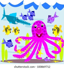 Octopus and fish.  Cartoon illustration of sea creatures in the water. The octopus is playing with the starfish and the fish are swimming.