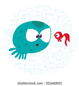 Octopus and fish. Funny cartoon vector illustration.