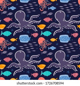 Octopus fish jellyfish seabass aquarium hand drawn seamless pattern. Ideal for background, wallpaper, textile, backdrop, wrapping paper. Pattern design.