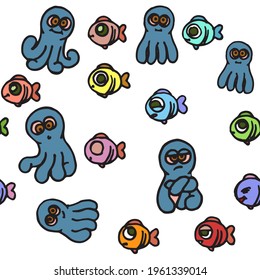 Octopus and fish. Seamless illustration. Cartoon sketch style. Hand outline drawing cheerful funny underwater animal. vector