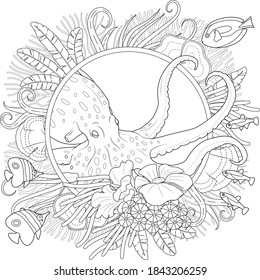 Octopus and fishes black and white illustration for Coloring book