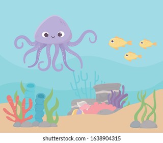 octopus and fishes.  coral reef cartoon under the sea vector illustration