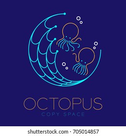 Octopus, Fishing net circle shape and Air bubble logo icon outline stroke set dash line design illustration isolated on dark blue background with Octopus text and copy space
