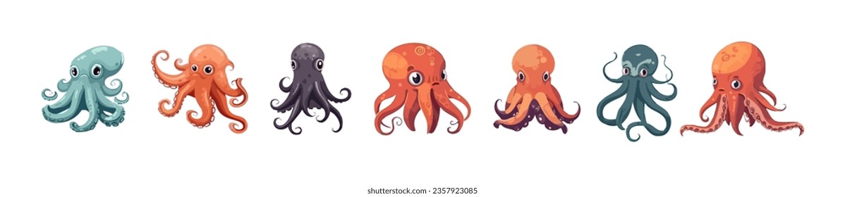 Octopus flat cartoon set isolated on white background. Vector isolated illustration