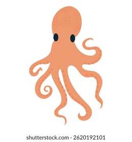 Octopus in flat design. Swimming mollusk with tentacles, seafood menu. Vector illustration isolated.