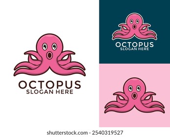 Octopus Flat logo design template Premium Vector. Cute Pink Octopus cartoon logo