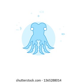 Octopus Flat Vector Icon. Marine Life, Underwater World, Sea Creature Illustration. Light Flat Style. Blue Monochrome Design. Editable Stroke. Adjust Line Weight.