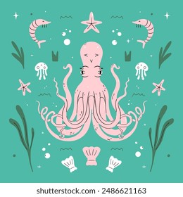 Octopus flat vector illustration with ocean creatures. Cute cartoon style sea creatures, animals and leaves. Symmetrical square composition, for print design or web.