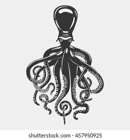 Octopus with flexible limbs extending from head and surrounding beaks, curved arms with suction cups and feeding tentacles. Cephalopod or mollusk, squid or cuttlefish for tattoo or mascot