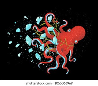 Octopus with Flowers on Black Graphic Design. Wild creature on black with floral decoration. Vector illustration.