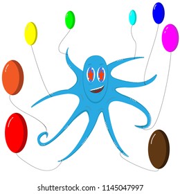 Octopus flying on the multi-colored balloons. Cute octopus. Vector