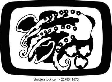 Octopus as food Vector Icon Design, National Dish of Portugal Sign,Traditional cuisine Symbol on White Background, Gourmet food cooking menu item with ingredients, Polvo a Lagareiro on Platter Concept