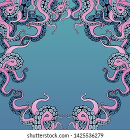 Octopus frame design, creative ocean doodle, cute decoration design, deep wildlife cartoon retro tentacles for web and print 