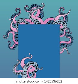 Octopus frame design, creative ocean doodle, cute decoration design, deep wildlife cartoon retro tentacles for web and print 