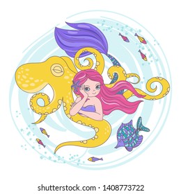 OCTOPUS FRIEND Mermaid Cartoon Travel Vector Illustration Set