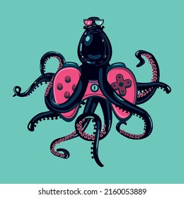 Octopus gamer with gamepad. Vector cartoon illustration. Video game poster.