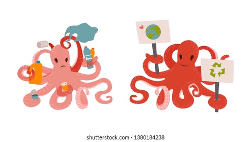 Octopus with garbage and banner. Ecology problem vector illustration. Earth Day concept design