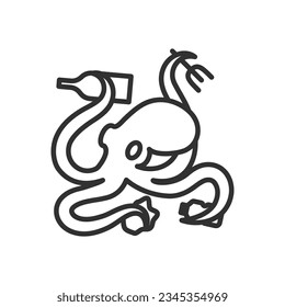 Octopus with garbage, octopus pollution, linear icon, pollution, garbage and nature. Line with editable stroke