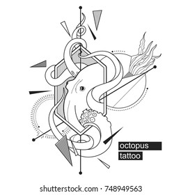Octopus geometric minimal tattoo. Vector black engraving illustrations. Isolated on white background.
