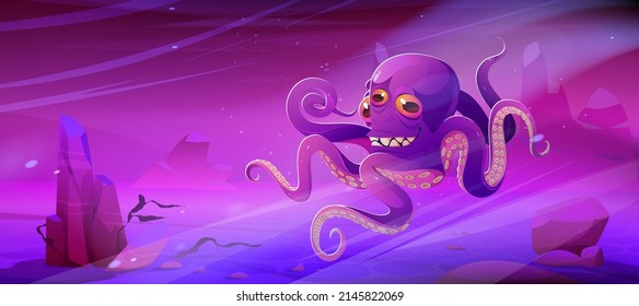 Octopus, giant underwater animal. Fantasy creepy kraken legendary scandinavian folklore monster with long tentacles and toothy face crawl over the ocean bottom. Cartoon character vector illustration