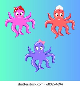 Octopus girls cartoon character with a large round head with a headdress(scarf, bow, cap) and curved tentacles with suction cups. Children's books, marine animals, mascot design,on clothing, stickers.
