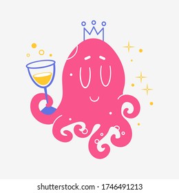 Octopus with a glass of wine. Print for t-shirt, Notepad, banner Vector. Cartoon. Isolated art