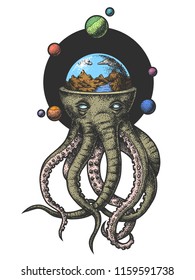 The octopus and the globe. Tattoo. Dot work. Pointillisme