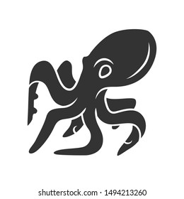 Octopus glyph icon. Swimming underwater animal with eight tentacles. Seafood restaurant menu. Floating marine creature. Aquatic mollusk. Silhouette symbol. Negative space. Vector isolated illustration