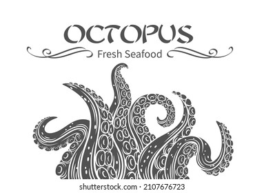 Octopus glyph tentacles banner. Monochrome limbs of the sea monster kraken. Vector illustration of sea octopus twisted tentacles with sucker