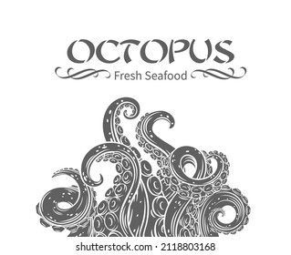 Octopus glyph tentacles. Monochrome limbs of the sea monster kraken.  Vintage vector illustration, horizontal banner of sea octopus twisted tentacles with sucker