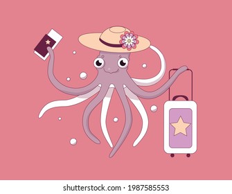 Octopus goes on vacation vector illustration for article about summer journey
