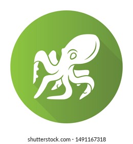 Octopus green flat design long shadow glyph icon. Swimming underwater animal with eight tentacles. Seafood restaurant. Marine creature. Aquatic invertebrate mollusk. Vector silhouette illustration