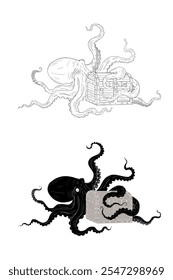 Octopus Guarding Treasure Chest Vector illustration