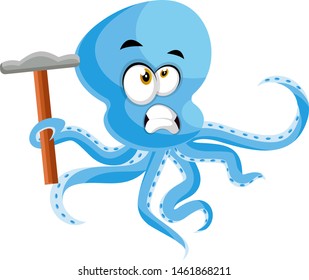 Octopus with hammer, illustration, vector on white background.