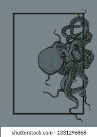 Octopus hand draw with frame on blue background