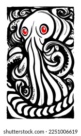Octopus hand drawing vintage engraving illustration on white backgroud. linocut drawing style poster.