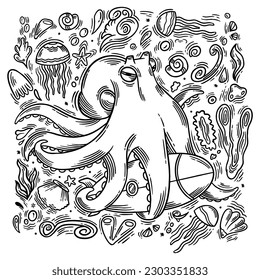 octopus hand drawn background. underwater background. octopus illustration for t-shirt. underwater life hand drawn illustration