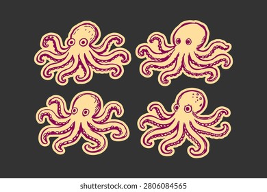 Octopus hand drawn collection featuring four distinct purple ink sea creatures on a neutral dark grey background for creative graphic design projects and artistic prints