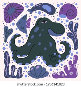 Octopus hand drawn illustration. Square cartoon poster of grey ocean animal with purple sea plants, blue fish, shell. Childish t shirt print, cover design. Flat isolated vector. Color elements set
