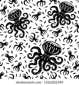 Octopus hand drawn illustrations isolated on white background seamless pattern. Modern vector clipart for packaging, textile design. Isolated decorative elements in cut out folk style.