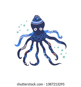 Octopus hand drawn vector illustration. Devilfish sea creature. Flat cartoon character in scandinavian style. Sea, underwater life. Travel postcard, nursery design.  